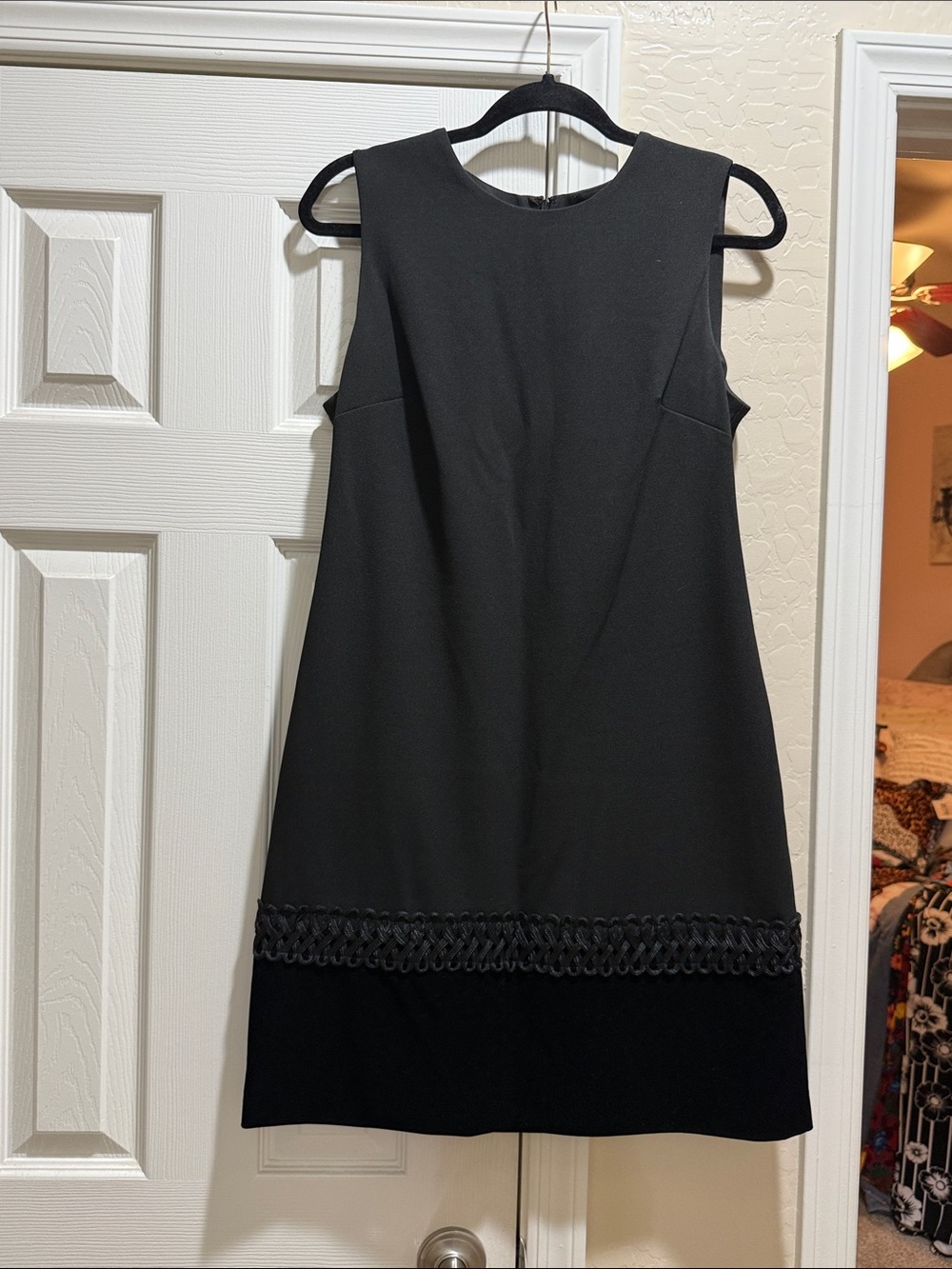Calvin Klein Black Sleeveless Shift Dress with Braided Trim